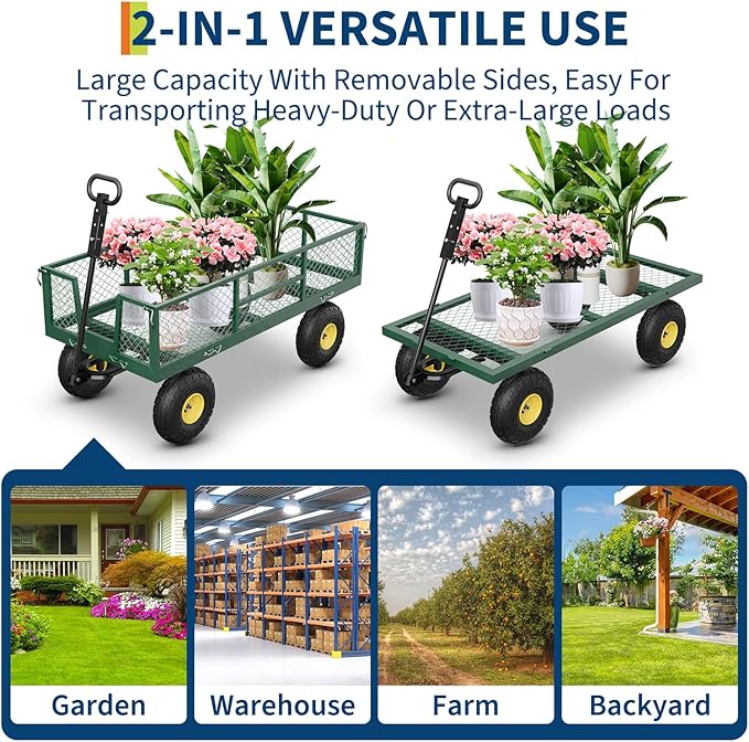 GarveeLife 900 LBS Garden Cart on Wheels with Adjustable Handles, Heavy Duty Steel Garden Wagon with Removable Mesh Sides to Convert into Flatbed, Wagon Cart for Lawn Farm Yard