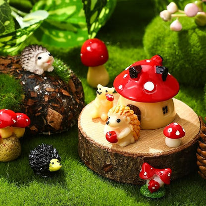 Woanger 30 Pcs Fairy Outdoor Garden Accessories Resin Mini Hedgehog Mushroom Miniature Figurines Garden Tiny Animals Figurines for House Terrarium Plant Bonsai Craft Decor(Cute)