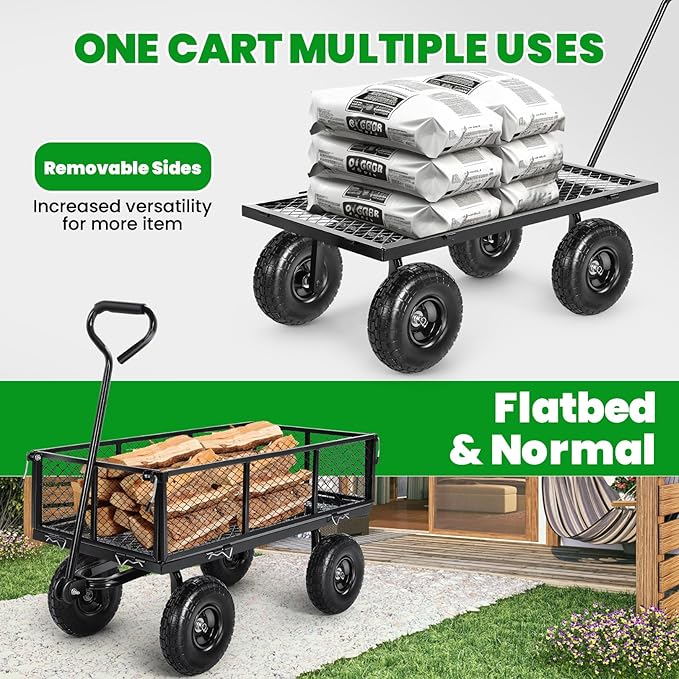 Homdox 880LB Heavy Duty Garden Cart on Wheels, Professional Utility Wagon with 180° Rotating Handle, Foldable Mesh Sides for Landscaping, Yard Work, Farming, Camping & Outdoor Projects