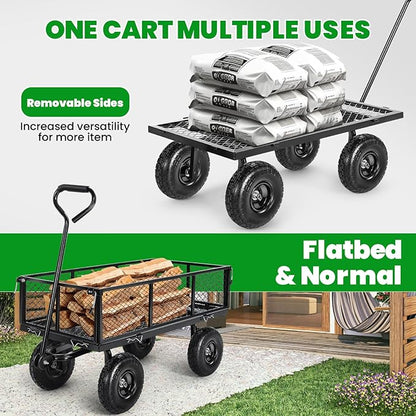 Homdox 880LB Heavy Duty Garden Cart on Wheels, Professional Utility Wagon with 180° Rotating Handle, Foldable Mesh Sides for Landscaping, Yard Work, Farming, Camping & Outdoor Projects