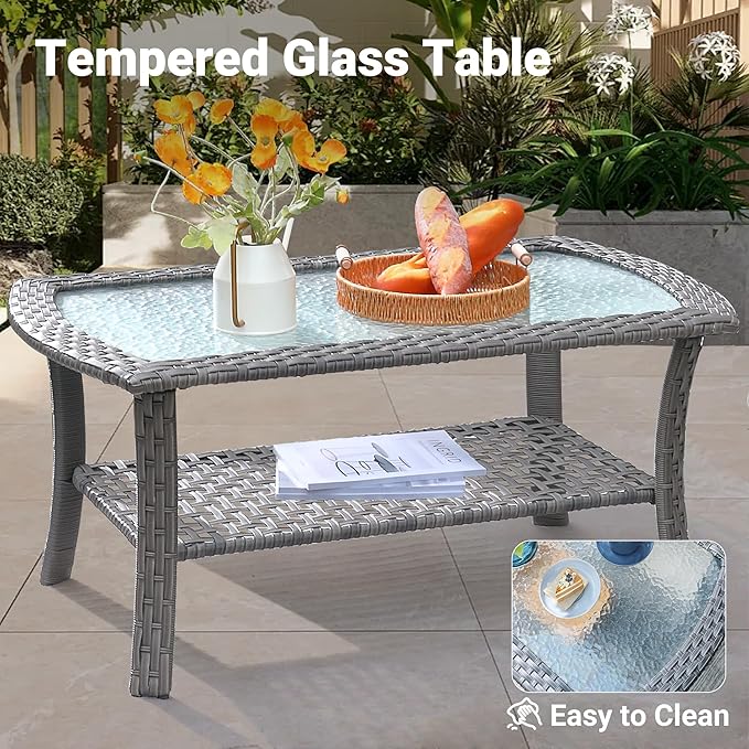 ovios 4 Pieces Patio Furniture Set, Outdoor Wicker Sofa with Coffee Table, Chairs, All Weather High Back Rattan Loveseat Couch with Comfy Cushions, Black