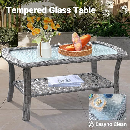 ovios 4 Pieces Patio Furniture Set, Outdoor Wicker Sofa with Coffee Table, Chairs, All Weather High Back Rattan Loveseat Couch with Comfy Cushions, Dark Grey