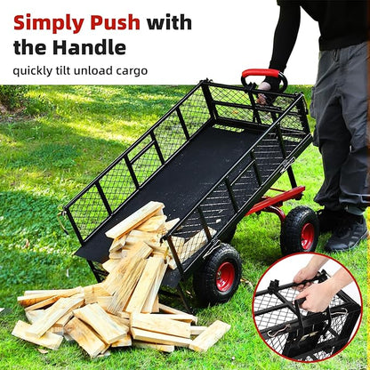 Heavy Duty 880 Lbs Steel Dump Utility Garden Cart, Steel Garden Wagon with Removable Mesh Sides and 10 inch Wheels, Dump Garden Carts with 180° Rotating Handle for Outdoor, Gardening, Farm