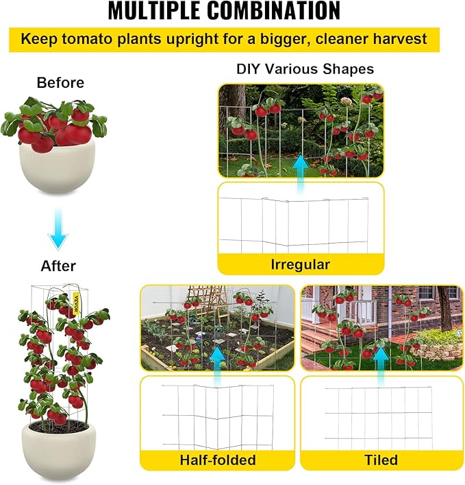 VEVOR Tomato Cages, 11.8" x 11.8" x 46.1", 10 Packs Square Plant Support Cages, Silver PVC-Coated Steel Tomato Towers for Climbing Vegetables, Plants, Flowers, Fruits
