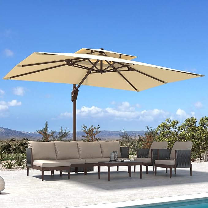 10' X 13' Patio Umbrella Outdoor Large Rectangle Offset Cantilever Umbrellas Double Top Heavy Duty Windproof with 360-degree Rotation for Pool Garden Deck