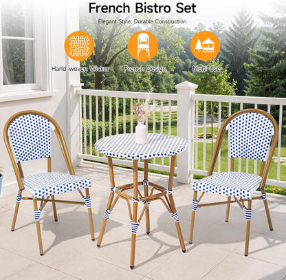 3 Piece French Wicker Bistro Set, Patio Bistro Set with Table and 2 Dining Chairs, All Weather ‎Outdoor ‎Bistro Set with Aluminum Frame, Outdoor Patio Set for Patio Porch Cafes Yard, Navy and White