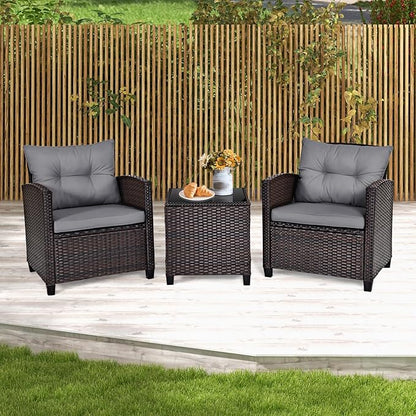 RELAX4LIFE 3-Piece Patio Furniture Set - Wicker Bistro Conversation Set w/2 Cushioned Armchairs & Glass Topped Table, Outdoor Rattan Sofa for Porch Balcony Poolside (Grey)