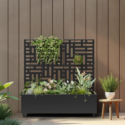 Casaphoria Metal Raised Garden Bed with Trellis and Wheels, 47"x47"x16" Planter Box for Climbing Plants, Vegetables & Vines, Features Drainage Holes and Privacy Screen (Black-Helen)