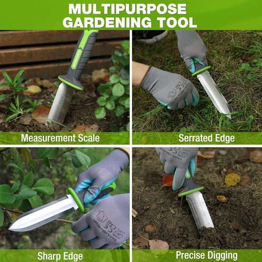 WORKPRO Hori Hori Garden Knife, 7" Stainless Steel Blade with Cutting Edge, Garden Tools with Oxford Sheath, Ergonomic TRP Handle with Hanging Hole for Weeding, Planting, Digging, Green