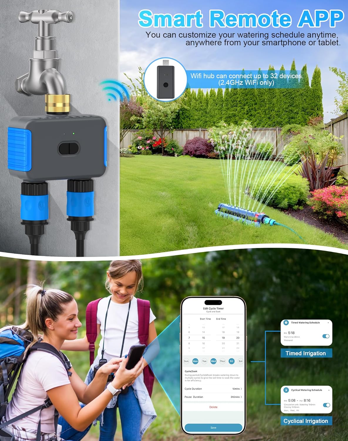 WiFi Sprinkler Timer, 2 Zone Smart Bluetooth Hose Timer, Programmable Automatic Irrigation System with Remote APP, Compatible with Alexa Google, Watering for Outdoor Garden Yard Lawn