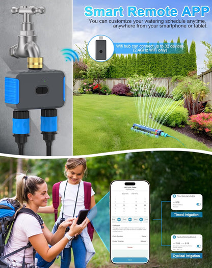 WiFi Sprinkler Timer, 2 Zone Smart Bluetooth Hose Timer, Programmable Automatic Irrigation System with Remote APP, Compatible with Alexa Google, Watering for Outdoor Garden Yard Lawn