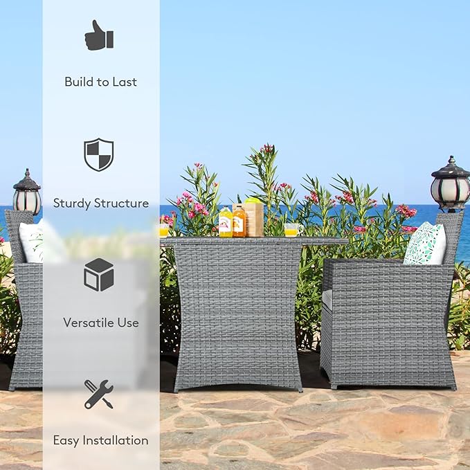 Tangkula 3 Pieces Patio Dining Set, Patiojoy Space-Saving PE Rattan Bistro Set with Tempered Glass Top Table and Cushioned Chairs, Outdoor Conversation Set for Garden, Backyard, Poolside, Porch