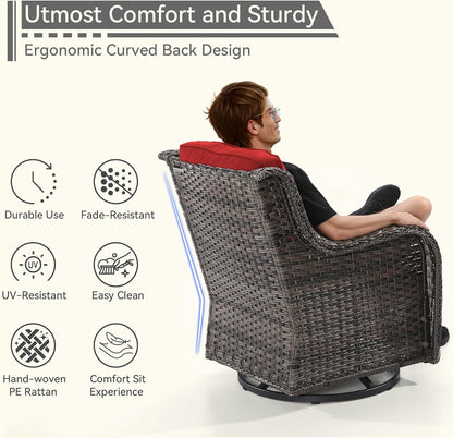 2 Pieces Outdoor Swivel Rocker Patio Chairs Set - Outdoor Wicker Patio Conversation Sets with 1 Side Table, Olefin Fabric Cushions Suitable for Backyard Deck and Porch,Red