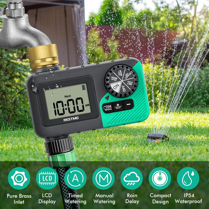 RESTMO Sprinkler Timer with Brass Inlet, Water Timer for Garden Hose, Rain Delay/Manual/Automatic for Outdoor Faucet, Drip Irrigation and Lawn Watering System