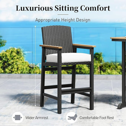 Outdoor Bar Set 3 Piece, All Weather HDPE High Top Table and Wicker Bar Chairs with 3.2” Cushion, Bar Height Patio Set for Backyard Poolside, Black