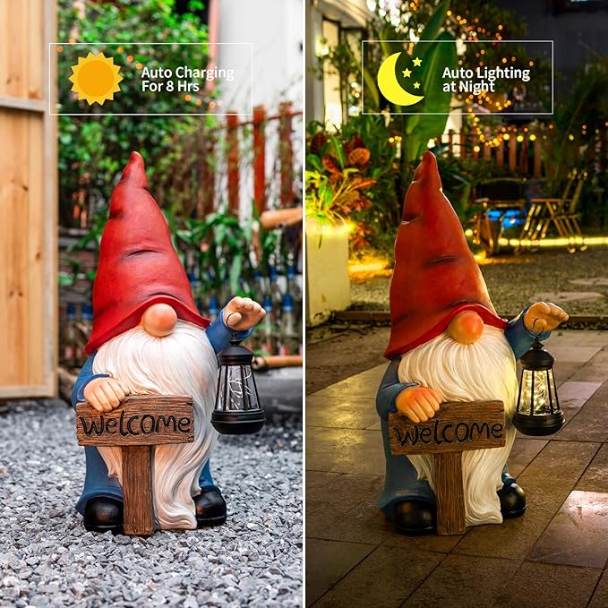 22" Solar Large Gnome Garden Statue Big Gnome with Welcome Sign Outdoor Decor with LED Lantern Home Porch Yard Patio Lawn Ornament Christmas Housewarming Gardening Gift
