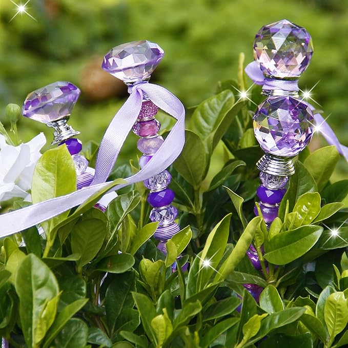 119 Pcs Garden Stake DIY Fairy Wand Plant Stake with Purple Large Hole Beads Crystal Diamond Stopper Top 4 Stainless Steel Threaded Rod Beaded Garden Stakes for Outdoor Indoor Yard Patio Decorations