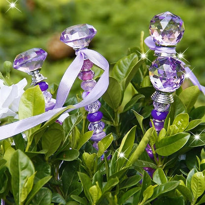 119 Pcs Garden Stake DIY Fairy Wand Plant Stake with Purple Large Hole Beads Crystal Diamond Stopper Top 4 Stainless Steel Threaded Rod Beaded Garden Stakes for Outdoor Indoor Yard Patio Decorations