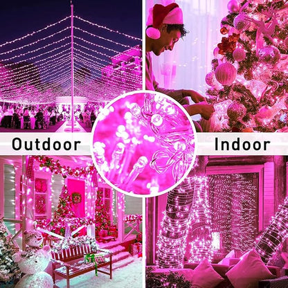 FULLBELL Fairy Lights Outdoor String Lights 33ft 100 LED with Memory Modes Controller, Extendable Christmas Lights Decorations for Wedding, Christmas, Party, Patio, Indoor Outdoor (Pink)