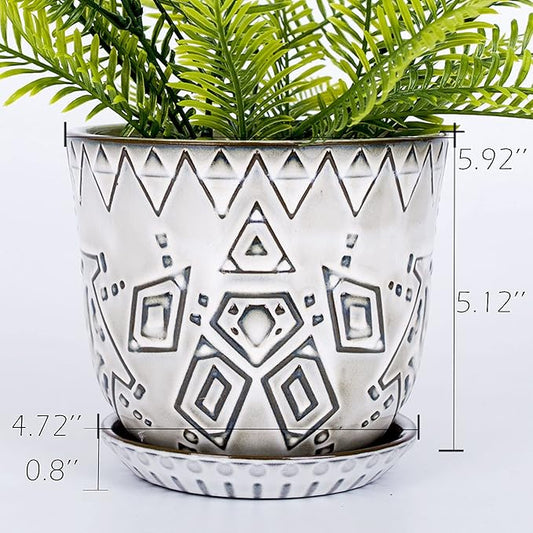 VanEnjoy 5.9 inch Round Bohemian Style Ceramic Planter, Geometry Engrave Off White Brown Succulent Planter Flower Pot, Indoor Outdoor Decorative Planter