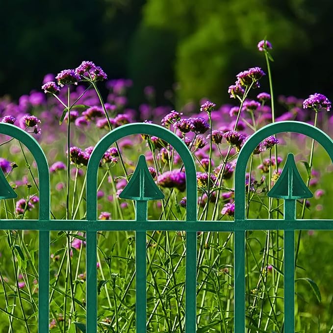 Sunnyglade 12 Pack Garden Edging Decorative Border Recycled Plastic Landscape Garden Fence Flexible No-Dig Spikes Ornamental Wrought Iron Style Decorative Border,Dark Green