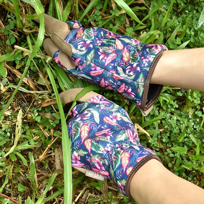 Gardening Gloves for Women and Men, Garden Gloves with Touch Screen, Thorn Proof Puncture Resistant Working Gloves, Gardening Gifts for Women,Blue-brown flowers M