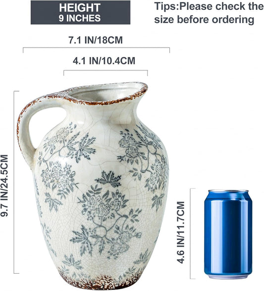 Enra Vintage vase with Handle,Blue and White Ceramic Decorative Flower vase, Chinoiserie Floral Vase,Large Rustic Vases for Home Decors, Living Room, Bookshelf, Office，9.7 inch