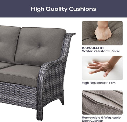 Outdoor Patio Furniture Set with Propane Fire Pit Table, 7 Pieces Wicker Patio Conversation Set with 2 Swivel Glider Rocker Chair Rattan Sofa Grey Cushion Perfect for Casual Gathering