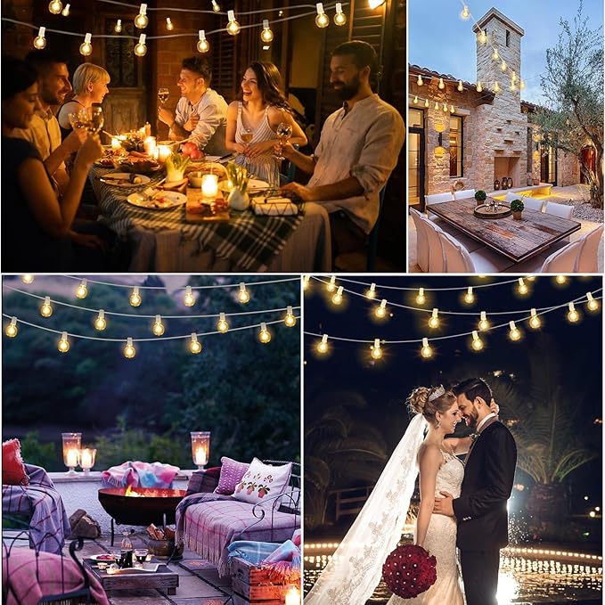 Mlambert 96Ft(2x48Ft) Solar String Lights, Outdoor Waterproof Patio Lights with 18 Shatterproof G40 Bulbs(2 Spare), Led Light for Backyard-White Wire