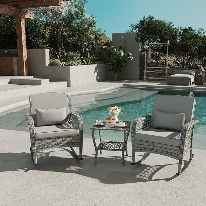 DECMICO 3-Piece Rattan Rocking Chair Set, PE Patio Bistro Furniture with Cushions & Coffee Table for Garden Backyard Porch, Light Grey