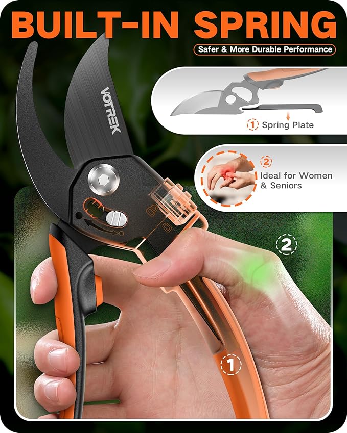 8.5" Pruning Shears for Gardening, 【Unique Stepless Handle Opening】Professional Bypass Garden Clipper, Heavy Duty Plant Pruners for Branch 【SK5 Steel Blades】【Built-in Spring】【All Hand Sizes】
