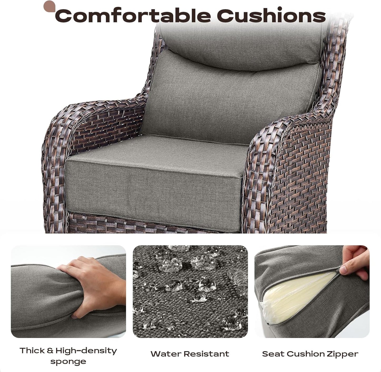 6 Piece Outdoor Patio Swivel Rocker Chairs, Waterproof Wicker, High Back, Deep Seating, Wide Armrest, Upgraded 6 inch Thick Cushions, Side Table, Ideal for Deck Porch Yard, Brown/Grey