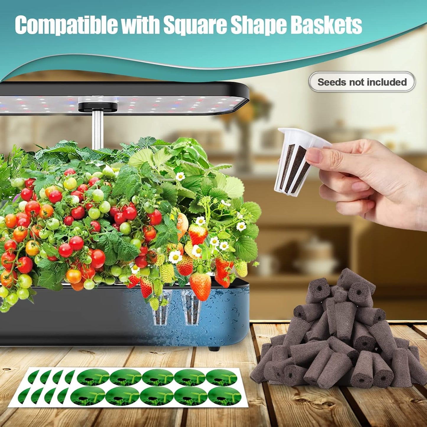 100pcs Square Pods for Hydroponics Growing System, 50pcs Square Grow Sponges with 50pcs Pods Labels, Supplies Replacement, Compatible with IDOO, QYO, LYKO