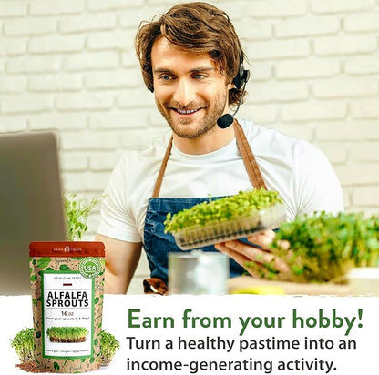 HOME GROWN 𝗨𝗦𝗔 𝗣𝗥𝗘𝗠𝗜𝗨𝗠 Alfalfa Sprout Seeds 16oz Bulk Pack with Thousands of Seeds 𝗡𝗢𝗡-𝗚𝗠𝗢 Alfalfa for Sprouting & Microgreens Indoor Outdoor Growing Resealable Bag High Germination