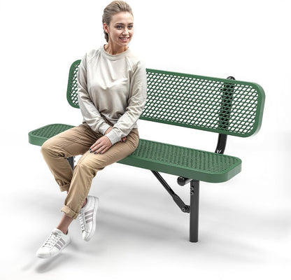 Heavy-Duty Outdoor Metal Bench, Thermoplastic-Coated, Inground, Weatherproof, Commercial-Grade for Parks, Gardens, Patios, Stores & More (4 Ft - Inground with Back, Green)