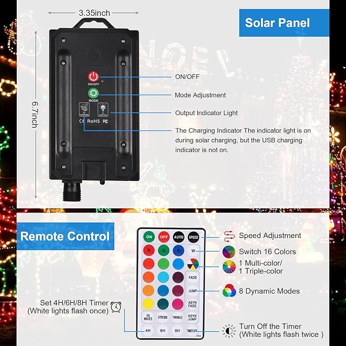 XEWEA Solar String Lights Outdoor 16 Colors 66 LED 39Ft Waterproof Outdoor String Lights with 20 Modes Remote Solar Powered Crystal Globe Lights for Garden Home Party Christmas Decorations