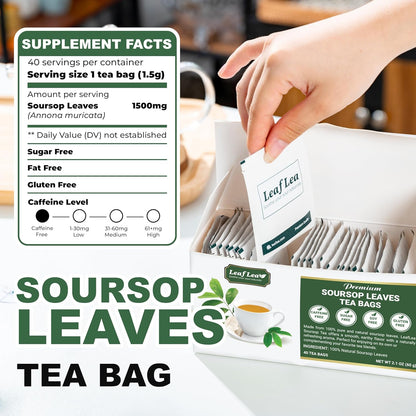 LeafLea 160 Premium Soursop Tea Bags, Natural & Pure Sour sop Graviola Tea Leave, Hoja Guanabana Leaf Herbal Tea Bags Variety Pack of 4, Digestive Support, Nutrient-Rich, Vegan, Sugar/Caffeine Free