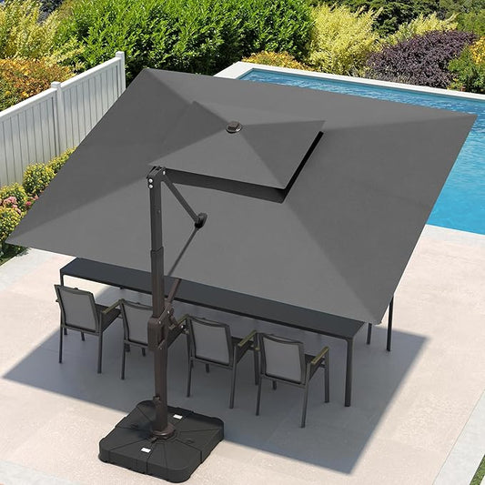 9x12 FT Cantilever Patio Umbrella with Base Included Double Top Outdoor Rectangular Large Heavy Duty Aluminum Offset Umbrellas with 7 Level Tilt 360-degree Rotation for Pool Garden Deck, Grey