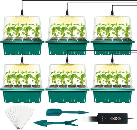 6-Set Seed Starter Tray with Grow Light, Seed Starting Trays Kits with Timing Controller Adjustable Humidity Domes Heightened Lids(12-Cells Per Tray)
