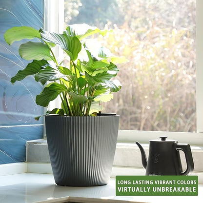 Dexceder 11x10 Self Watering Planters Indoor, Inner Mat Design, Table Flower Plant Pot with Water Level Indicator (2 Pack, Gray)