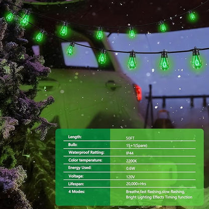 LED Christmas Lights, 50FT Patio Lights with 16Pcs Shatterproof S14 Bulb(1 Spare), 4 Lighting Mode, Connectable, Waterproof Green Edison Plastic Bulb Hanging Light for Yard Porch Christmas Décor