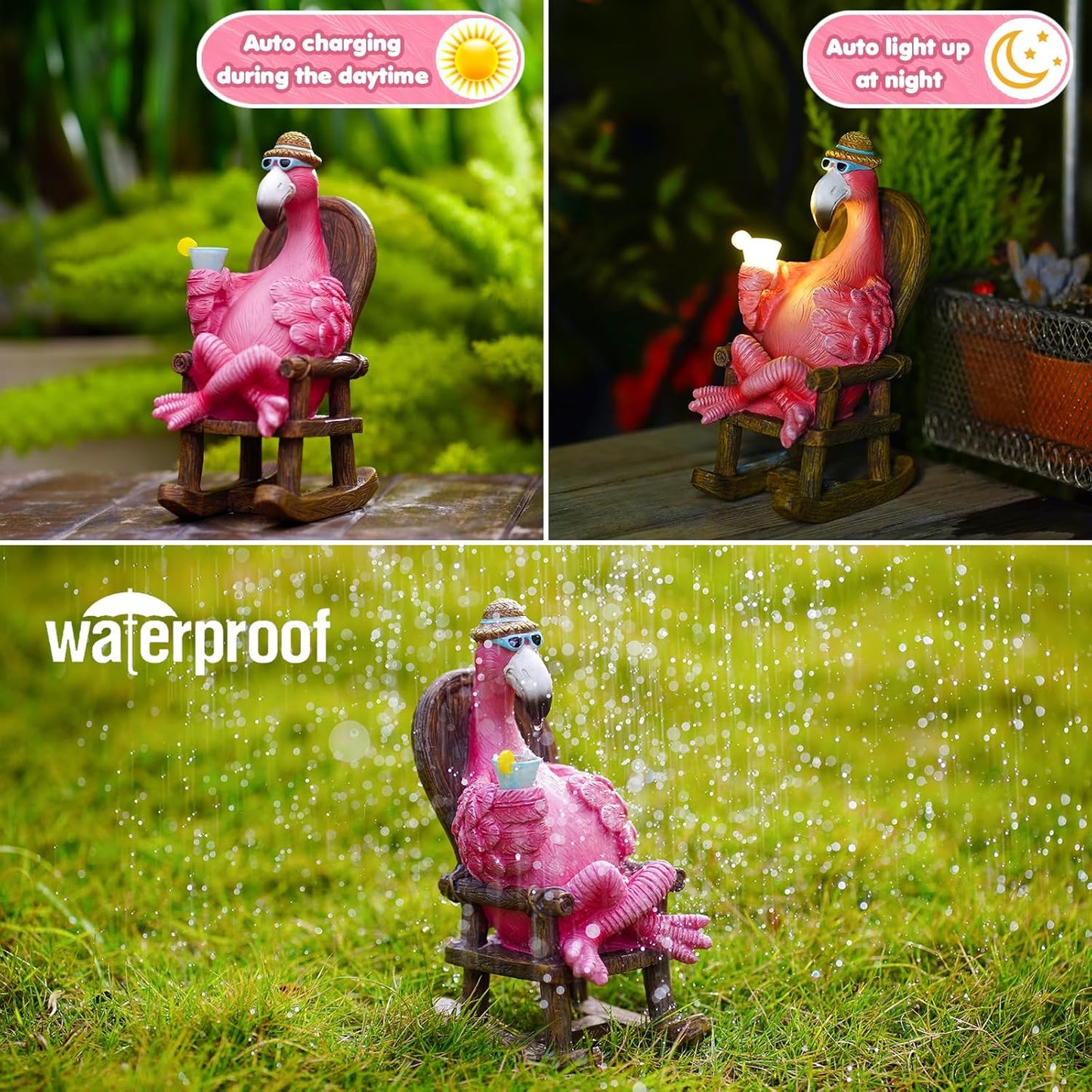 Solar Flamingo Statue for Outdoor Garden Decor - Resin Flamingo Fairy Garden Decor - Suitable for Home Desk Garden Lawn Patio Porch Decor, Unique Gifts for Mom Grandma (8.1 inch)