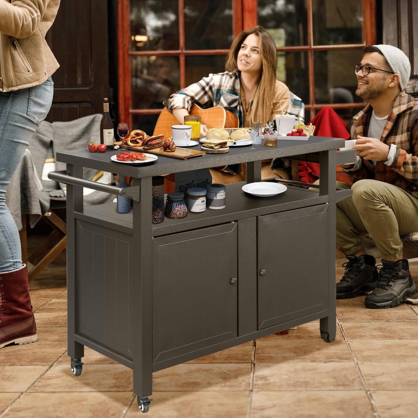 Grill Cart Outdoor with Storage Cabinet, Portable Rolling Patio Bar Cart with Wheels, BBQ Prep Table, Movable Stainless Steel Kitchen Island Dining Cart for Food/Drink/Cooking-Brown