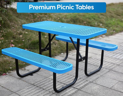 4FT Metal Picnic Tables for Outdoors, Commercial Rectangular Picnic Table and Bench Set for Outside, Patio, Garden, Backyard, Porch, Surface Mount, Blue