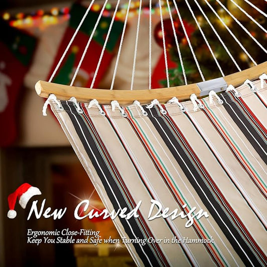 Double Hammock, 11 FT Quilted Fabric 2 Person Hammock for Outside with Pillow, Folding Curved Spreader Bar, Chains, Carrying Bag, Indoor Outdoor, 450 IB Capacity, Havana Brown