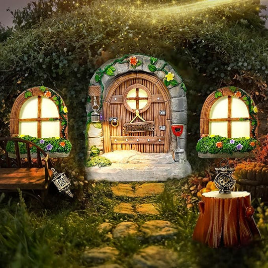 7 Pcs Fairy Doors for Trees Resin Fairy Garden Accessories Outdoor kit Fairy House Kit for DIY Micro Landscape Ornament