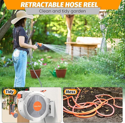 Retractable Garden Hose Reel 5/8 in x 100 Ft, EliteEdge Wall Mounted Garden Hose Reel, with 9 Function Sprayer Nozzle, Any Length Lock, Lock/Automatic Slow Return System, 180° Swivel Bracket