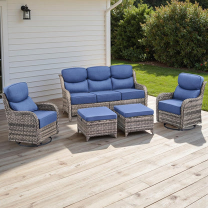Wicker Outdoor Patio Furniture Set - 5 Piece Patio Conversation Sets with Swivel Rocker Chairs, Ottomans and Sofa, 6 inch Cushions, Waterproof Wicker, for Porch Deck Mixed Grey/Blue