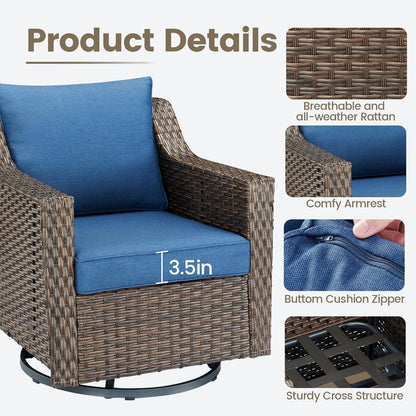 Outdoor Patio Wicker Swivel Chairs - Set of 4 Outside Rattan Rocker Glider Chair Rocking Armchairs for Front Porch Balcony Backyard Yard Deck Poolside Apartment – Brown/Blue