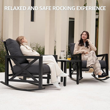 NATURAL EXPRESSIONS Patio Rocking Bistro Set, 3 Piece Outdoor Conversation Furniture Set with 2 Rockers and 1 Metal Coffee Table with Thick Cushions,2 Pack Patio Chair Covers Included